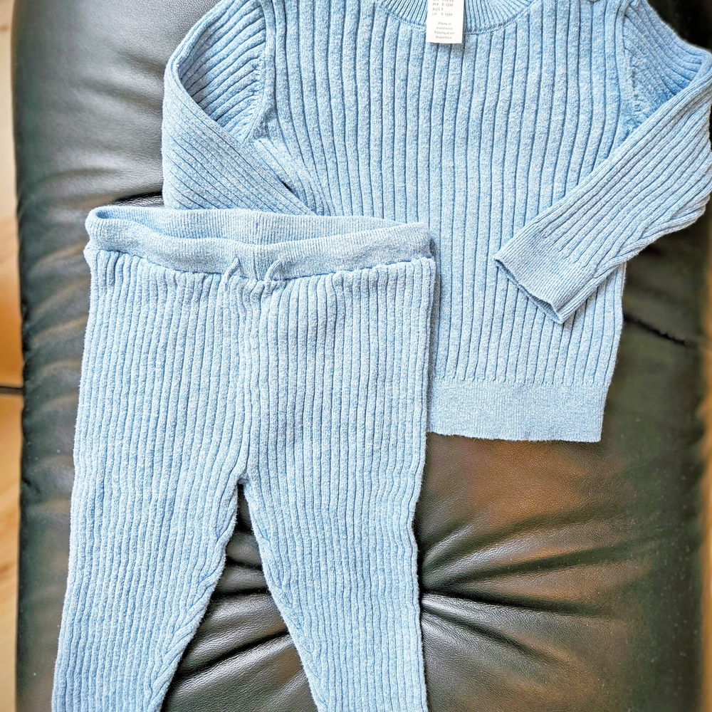 H&M Cozy Blue Knit Sweater and Pants Set 9-12mo